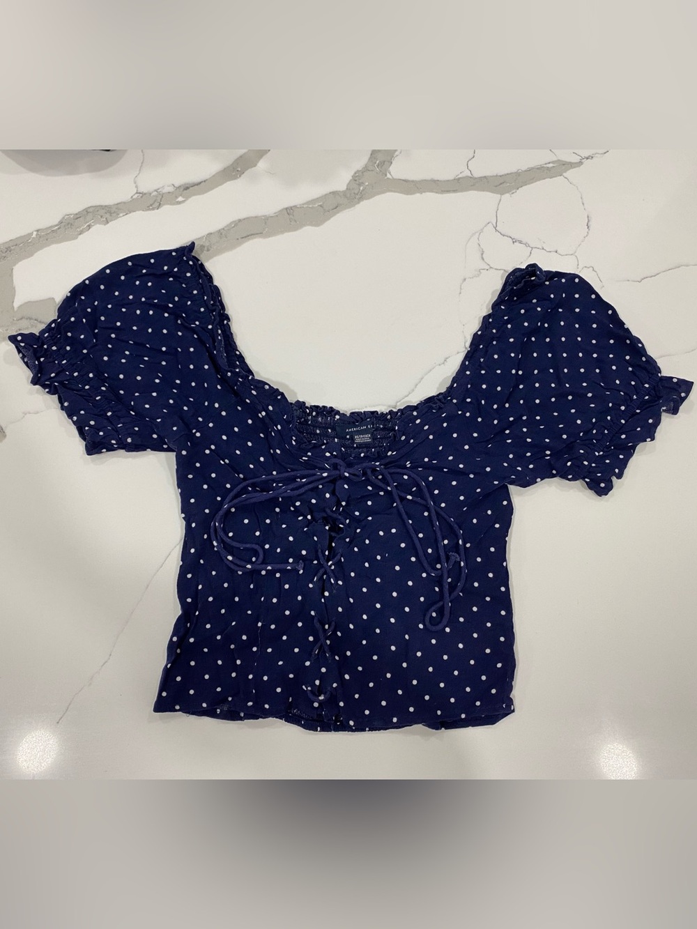 Navy American Eagle Polka Dot Puff Sleeve Crop Top - (XS)